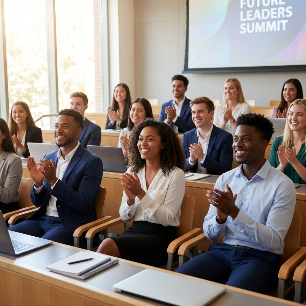 Diverse audience clapping at education expo